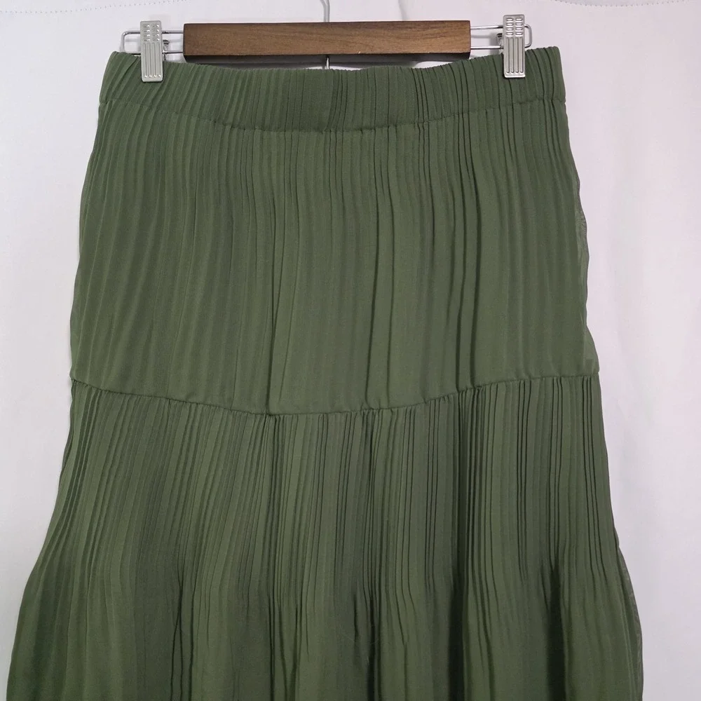 Olive Green Pleated Tiered Midi Skirt Boho Cottagecore Soft Girl‎ Earthy - Picture 5 of 6